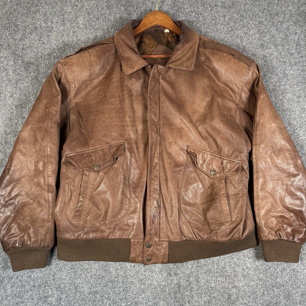 VTG Roundtree & Yorke Leather Bomber Jacket Mens XL Brown Map Lined A-2 Flight